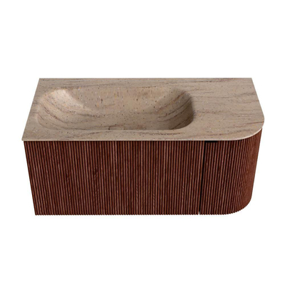 MONDIAZ KURVE-DLUX Meuble de salle de bains 95cm arrondi Droit couleur Ruby avec 1 tiroir et 1 porte. Lavabo BIG SMALL Gauche 1 trou de robinet Saba.
