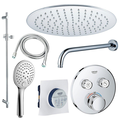 Grohe - Adema Rise Ensemble de douche de tête - encastré - 2 fonctions - avec douche de tête Adema Rise 30 cm - douchette à main ronde - bras de douche mural - barre de douche 90 cm - mitigeur thermostatique encastré Grohe Grohtherm - chromé