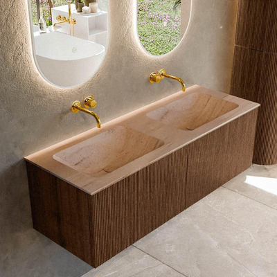 MONDIAZ KURVE-DLUX 130cm badmeubel kleur Walnut met 2 lades en 0 deuren. Wastafel LEAF Dubbel zonder kraangat Saba.