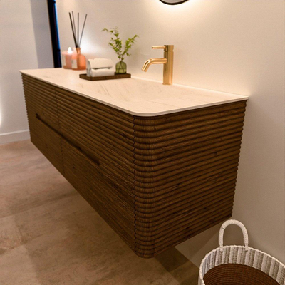 Mondiaz CIRO-DLUX Badkamermeubelset - 150x45x50cm - Solid surface wastafel Meli - 1 wasbak Rechts - 1 kraangat - 4 lades - Dusk