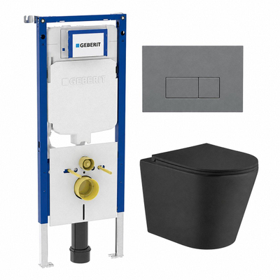 QeramiQ Dely Toiletset - 36.3x51.7cm - diepspoel - rimless - Geberit UP720 inbouwreservoir - softclose toiletzitting - bedieningsplaat licht grijs - rechtehoekige knoppen - met Burda frame - mat zwart (wit)