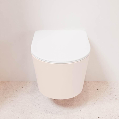 Mondiaz LAVIE hangtoilet – spoelrandloos – 36 x 53 cm – met softclose zitting – Rosee (roze), zitting Talc (wit)