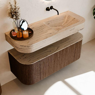 MONDIAZ THOR-DLUX 120cm meuble de salle de bains arrondi gauche + droite couleur Walnut avec 1 tiroir et 2 portes. Vasque suspendue CLOUD droite sans trou de robinet couleur Arena.