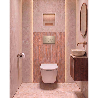 QeramiQ Dely Toiletset - 36.3x51.7cm - Geberit UP720 inbouwreservoir - rimless - diepspoel - 35mm zitting - softclose - bedieningsplaat geborsteld messing - ronde knoppen - mat wit
