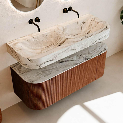 MONDIAZ THOR-DLUX 120cm meuble de salle de bains arrondi gauche + droite couleur Ruby avec 1 tiroir et 2 portes. Vasque suspendue CLOUD Double sans trou de robinet couleur Glace.