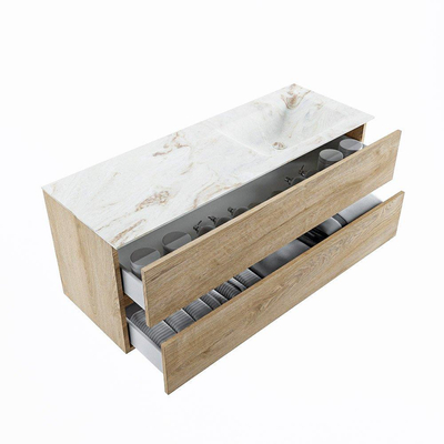 MONDIAZ VICA-DLUX Badkamermeubelset - 130cm - onderkast washed oak - 2 lades - inbouw wastafel cloud rechts - zonder kraangaten - 60cm hoge versie - frape