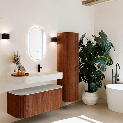 MONDIAZ THOR-DLUX 110cm meuble de salle de bains arrondi gauche + droite couleur Ruby avec 1 tiroir et 2 portes. Vasque suspendue CLOUD Droite 1 trou de robinet couleur Opalo.