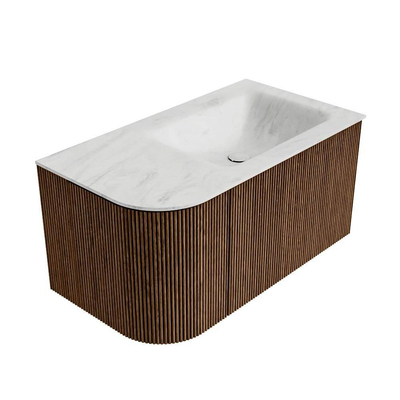 MONDIAZ KURVE-DLUX 85cm Meuble salle de bain avec module 25 G - couleur Walnut - 1 tiroir - 1 porte - vasque CLOUD droite - sans trou de robinet - couleur Opalo