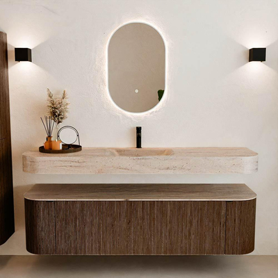 MONDIAZ THOR-DLUX 170cm badmeubel ronding links + rechts kleur Walnut met 1 lade en 2 deuren. Vrijhangende wastafel CLOUD Midden 1 kraangat kleur Saba.