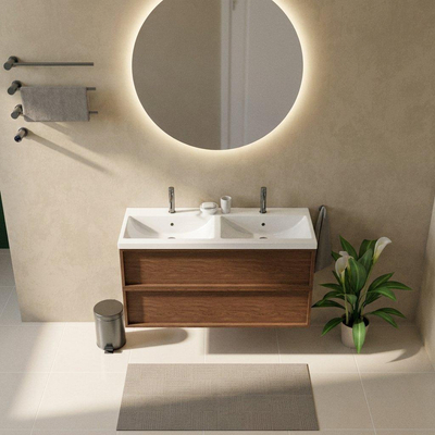 Saniclass Holz Frame Ensemble de meubles de salle de bains - 120x45x63.5cm - Lavabo en céramique Bari blanc - 2 vasques - 2 trous de robinetterie - 2 tiroirs - walnut pure mat (bois)