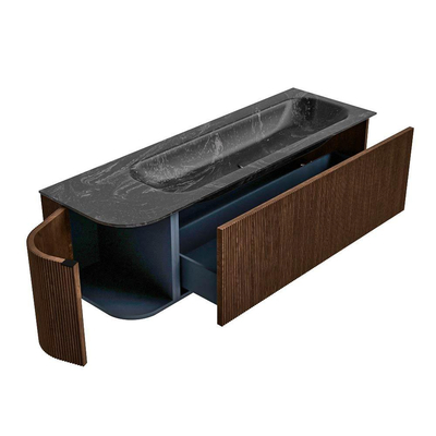 MONDIAZ KURVE-DLUX Meuble de salle de bains 145 cm avec module 25 L couleur Walnut avec 1 tiroir et 1 porte. Lavabo BIG LARGE à droite 2 trous de robinet couleur Lava.