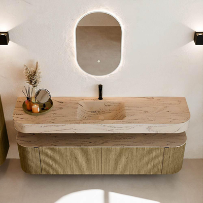 MONDIAZ THOR-DLUX 180cm meuble de salle de bains arrondi gauche + droite couleur Dusk avec 2 tiroirs et 2 portes. Vasque suspendue CLOUD Milieu 1 trou de robinet couleur Arena.