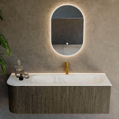 Mondiaz KURVE-DLUX Badkamermeubelset - 135x46x40cm - 1 lade - 1 deur - wastafel solid surface - rechts - 1 kraangat - Shadow