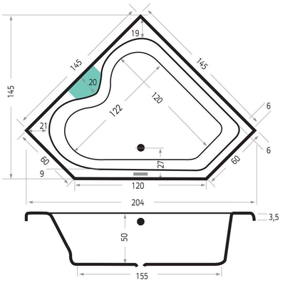 Xenz Cyprus Baignoire d'angle - 145x145x53 - bonde au milieu - acrylique - blanc mat