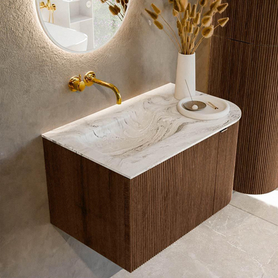 MONDIAZ KURVE-DLUX meuble de salle de bains 75cm avec module 25 R couleur noyer avec 1 tiroir et 1 porte. Vasque GRUNNE gauche sans trou de robinet couleur Glace.