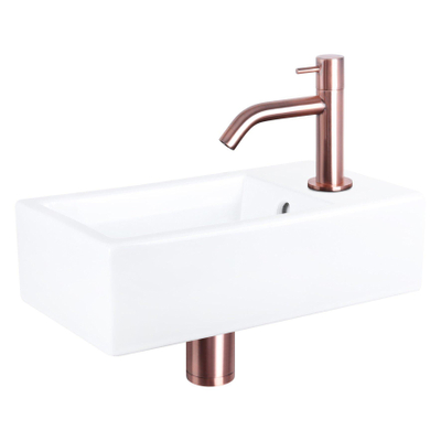 Differnz Force Set lave-mains 40x22x8cm 1 trou avec robinet courbé et siphon + bonde cuivre rose Rectangulaire Céramique Blanc