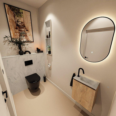 MONDIAZ TURE-DLUX Meuble toilette - 40cm - Washed Oak - EDEN - vasque Opalo - position droite - 1 trou de robinet