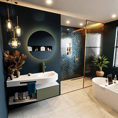 MONDIAZ RIVA Ensemble de meuble salle de bain - 120x50x30cm - 1 tiroir - MDF Army mat - push to open - 1 trou de robinet - lavabo à droite - solid surface talc