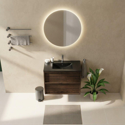 Saniclass Holz Frame Ensemble meuble de salle de bains - 80x45x62cm - Vygo lavabo en céramique noir - 1 vasque - 1 trou de robinet - 2 tiroirs - chêne charcoal mat (bois)