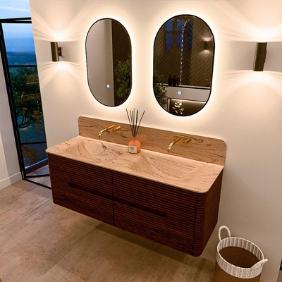 Mondiaz CIRO-DLUX Badkamermeubelset - 140x45x50cm - Solid surface wastafel Arena - 2 wasbak Dubbel - zonder kraangaten - 4 lades - Ruby