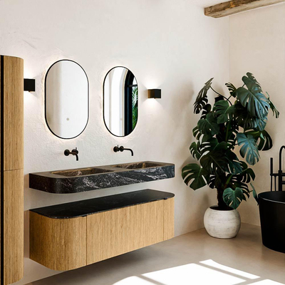 MONDIAZ THOR-DLUX 140cm badmeubel ronding links + rechts kleur Oak met 1 lade en 2 deuren. Vrijhangende wastafel CLOUD Dubbel zonder kraangat kleur Lava.