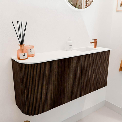 Mondiaz JOYA 91.6cm toiletmeubel - ronding links kleur Walnut - Wastafel FAYE positie Rechts 1 kraangat kleur Talc.