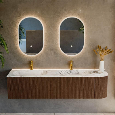 MONDIAZ KURVE-DLUX 175cm badmeubel met module 25 R kleur Walnut met 2 lades en 1 deur. Wastafel STOR SMALL dubbel / links 2 kraangaten kleur Glace.