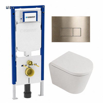 QeramiQ Dely Toiletset - 36.3x51.7cm - diepspoel - rimless - Geberit UP720 inbouwreservoir - softclose toilet zitting - 35mm - geborsteld messing bedieningsplaat - rechthoekige knoppen - mat wit