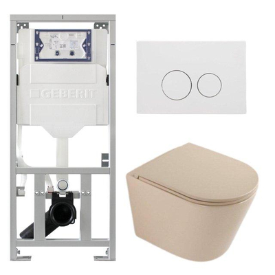 QeramiQ Dely Pack WC - 36,3x51,7cm - à fond creux - sans bride - réservoir encastré Geberit UP320 - abattant WC à fermeture douce - plaque de déclenchement blanche mate - boutons ronds - beige mat
