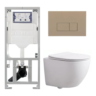 Pack WC QeramiQ Dely Swirl Compact - réservoir encastrable Geberit UP320 - avec bâti-support Burda - abattant slim - plaque de commande en plastique taupe - boutons rectangulaires - blanc mat