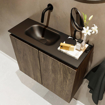 MONDIAZ TURE Toiletmeubel 60x23x50cm met 0 kraangaten 2 deuren dark brown mat Wastafel Eden links Solid Surface Zwart