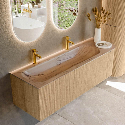 MONDIAZ KURVE-DLUX 145cm badmeubel ronding Rechts kleur Oak met 1 lade en 1 deur. Wastafel BIG LARGE Links 2 kraangaten Arena.