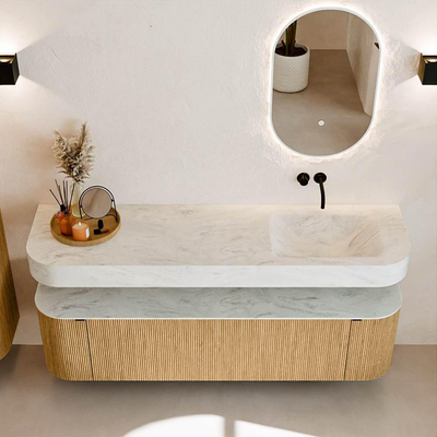 MONDIAZ THOR-DLUX 170cm meuble de salle de bains arrondi gauche + droite couleur Oak avec 1 tiroir et 2 portes. Vasque suspendue CLOUD droite sans trou de robinet couleur Opalo.