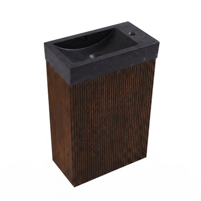 Saniclass Holz Atelier Ensemble meuble de toilette - 40x60.5cm - 1 porte - lave-mains pierre naturelle foncée - trou de robinet à droite - chêne charcoal