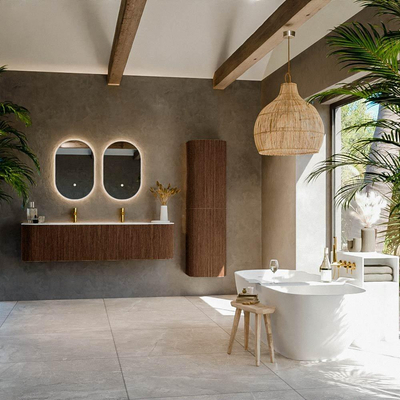 MONDIAZ KURVE-DLUX Meuble de salle de bains 170 cm avec module 25 Len R couleur Walnut avec 1 tiroir et 2 portes. Lavabo BIG LARGE central 2 trous de robinet couleur Opalo.