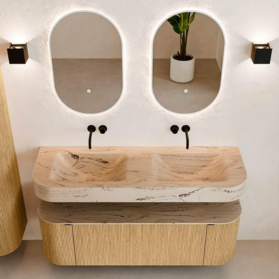 MONDIAZ THOR-DLUX 140cm badmeubel ronding links + rechts kleur Oak met 1 lade en 2 deuren. Vrijhangende wastafel CLOUD Dubbel zonder kraangat kleur Arena.