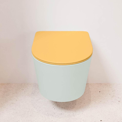 Mondiaz LAVIE hangtoilet – spoelrandloos – 36 x 53 cm – met softclose zitting – Greey (lichtgroen/grijs), zitting Ocher (geel)