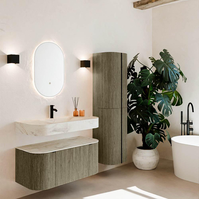 MONDIAZ THOR-DLUX 100cm meuble de salle de bains arrondi gauche + droite couleur Shadow avec 1 tiroir et 2 portes. Vasque suspendue CLOUD Milieu 1 trou de robinet couleur Ostra.