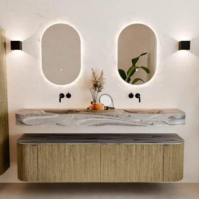 MONDIAZ THOR-DLUX 180cm meuble de salle de bains arrondi gauche + droite couleur Dusk avec 2 tiroirs et 2 portes. Vasque suspendue CLOUD Double sans trou de robinet couleur Sombra.