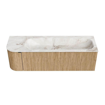 MONDIAZ KURVE-DLUX meuble de salle de bains 145 cm avec module 25 L couleur Oak avec 1 tiroir et 1 porte. Lavabo BIG LARGE à droite 1 trou de robinet couleur Frappe.