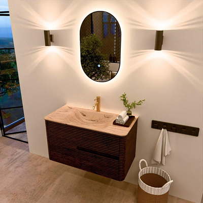 Mondiaz CIRO-DLUX Badkamermeubelset - 90x45x50cm - Solid surface wastafel Arena - 1 wasbak Midden - 1 kraangat - 2 lades - Walnut