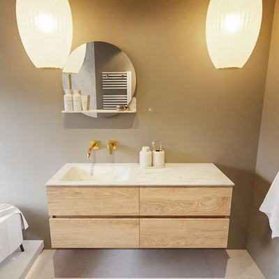 MONDIAZ VICA-DLUX Ensemble meuble de salle de bains - 130cm - meuble bas Washed oak - 4 tiroirs - lavabo encastré cloud à gauche - sans trous de robinetterie - version haute 60cm - opalo