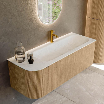 MONDIAZ KURVE-DLUX Meuble de salle de bains 125cm avec module 25 L couleur Oak avec 1 tiroir et 1 porte. Lavabo BIG MEDIUM à droite 1 trou de robinet couleur Opalo.