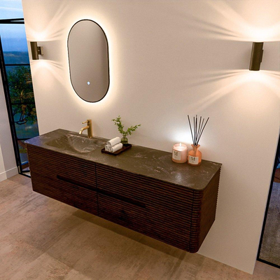 Mondiaz CIRO-DLUX Meuble de salle de bains - 170x45x50cm - Vasque solid surface Lava - 1 lavabo à gauche - 1 trou de robinet - 4 tiroirs - Noyer
