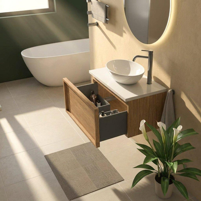 Saniclass Holz Frame Ensemble meuble de salle de bains - 80x45x43cm - Plan de travail en pierre naturelle travertin - 1 trou de robinetterie - 1 tiroir - chêne natural mat (bois)
