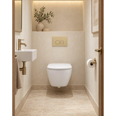 QeramiQ Dely Swirl Compact Toiletset - inbouwreservoir QeramiQ flush - slim zitting - kunststof bedieningsplaat beige - ronde knoppen - glans wit