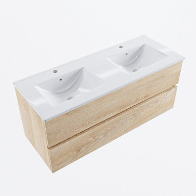 MONDIAZ VICA meuble sous lavabo 120cm Chêne Blanchi 2 tiroirs. Lavabo DENIA double 2 trous de robinet, couleur Blanc Brillant.