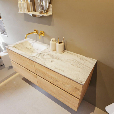 Mondiaz VICA-DLUX ensemble de meuble de salle de bain - 130cm - meuble sous-vasque chêne blanchi - 4 tiroirs - lavabo encastré cloud gauche - sans trous de robinet - version haute de 60cm - glace