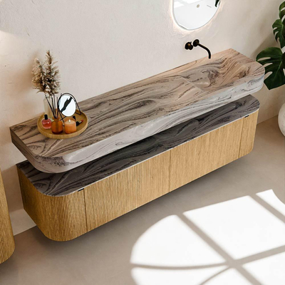 MONDIAZ THOR-DLUX 190cm meuble de salle de bains arrondi gauche + droite couleur Oak avec 2 tiroirs et 2 portes. Vasque suspendue CLOUD droite sans trou de robinet couleur Sombra.