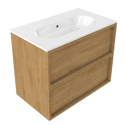 Saniclass Holz Frame Ensemble meuble de salle de bains - 80x45x73.9cm - lavabo Chaci en céramique blanc - 1 vasque - sans trou de robinet - 2 tiroirs - chêne natural mat (bois)